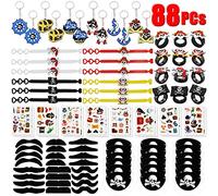 BabyCareV 88 PCs Pirates bagues Trousseau Porte-Clés Pirate Bracelets Pirate Eye Patch Moustache Tatouages Cadeau D'anniversaire Sacs Pinata Fillers Enfants Jouets et Récompenses Scolaires