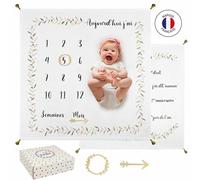 Babyfun Couverture Etape Bebe Imprimée Double Face - Tapis Mois Bebe en Français - Tapis Photo Bebe Mois - Cadeau Naissance Fille ou garçon - Label Oeko-TEX - Accessoires et Boite Cadeau Inclus