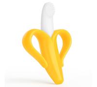 BabyHerz Anneau de dentition en silicone pour bébé - Brosse à dents banane - Disponible en différentes couleurs : rose, vert, jaune et bleu - Inclus un sac cadeau gratuit