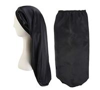 Babyku Bonnet de sommeil en satin noir pour cheveux longs, bonnet extra long pour tresses de cheveux lâches Bonnets pour femmes Dreadlocks, cheveux bouclés, bande élastique douce (Noir)