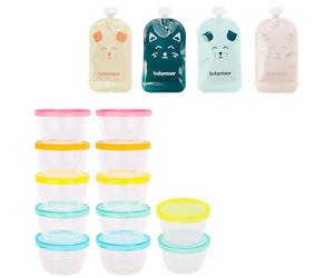 Babymoov 20 Gourdes Réutilisables pour Bébé et Enfant, Contenance 150ml, en Plastique Recyclé, sans BPA, 100% Hermétiques & Badabulle Lot de 12 badabowls, Boîtes de conservation gradués 250ml