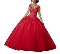BABYONLINE D.R.E.S.S. Robe De Bal De Quinceanera pour Filles, Dentelle Appliqué Et Paillettes, Décolleté Coeur, en Tulle - Robe De Bal Cendrillon Princesse en Rouge,52, Offrir Jupon Gratuite
