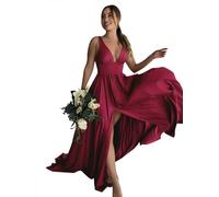 Babyonline D.R.E.S.S. Robe de Bal Longue Elégante en Satin avec la Fente Taille Haute Robe pour Mariage Invitée Femme Temoin Bordeaux 38