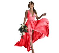 BABYONLINE D.R.E.S.S. Robe de Cocktail Longue Chic avec Fente Col V Robe Femme Longue pour Cérémonie Rouge 44