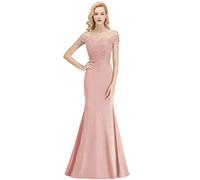 BABYONLINE D.R.E.S.S. Robe de Soirée Femme Longue Sirène Trompette Epaules Nues Perlée avec Broderie Dentelle Florale Rose 44