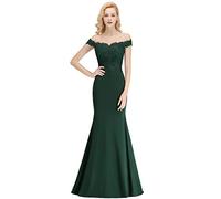 BABYONLINE D.R.E.S.S. Robe de Soirée Femme Longue Sirène Trompette Epaules Nues Perlée avec Broderie Dentelle Florale Vert Foncé 36