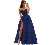 BABYONLINE D.R.E.S.S. Robe de Soirée Volants Chic et Glamour Femme Longue Bustier en Dentelles Romantique plissée Mousseline Fluide Bleu Marine M
