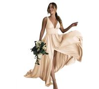 Babyonlinedress Babyonline D.R.E.S.S. Robe de Cocktail Longue Satin Robe de Cérémonie Femme Formelle avec Bretelles pour Ado Fille Champagne 34