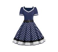 Babyonlinedress Femme Robe de Soirée Chic Jointif avec Ceinture Vintage rétro année 50s pin-up Rockabilly Swing à Pois Marine Foncé M