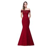 Babyonlinedress Femme Sexy Elegant Robe de soirée/Bal/Cérémonie Longue Ras au Sol Forme Sirène/Trompette en Dentelle Lacet avec Appliques Bordeaux 42
