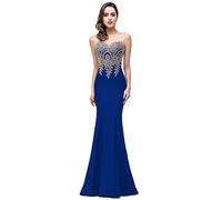 Babyonlinedress Sexy Elegant Robe de soirée Bal Cérémonie Forme Fourreau Longue au Sol sans traîne avec Dentelle Applique en Tulle Satin Bleu Royal 32
