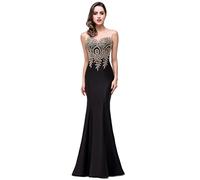Babyonlinedress Sexy Elegant Robe de soirée Bal Cérémonie Forme Fourreau Longue au Sol sans traîne avec Dentelle Applique en Tulle Satin Noir 42
