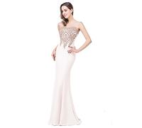 Babyonlinedress Sexy Elegant Robe de soirée Bal Cérémonie Forme Fourreau Longue au Sol sans traîne avec Dentelle Applique en Tulle Satin Ivoire 38