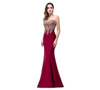 Babyonlinedress Sexy Elegant Robe de soirée Bal Cérémonie Forme Fourreau Longue au Sol sans traîne avec Dentelle Applique en Tulle Satin Bordeaux 44