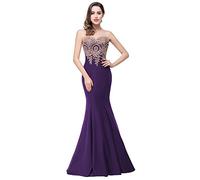 Babyonlinedress Sexy Elegant Robe de soirée Bal Cérémonie Forme Fourreau Longue au Sol sans traîne avec Dentelle Applique en Tulle Satin Raisin 34