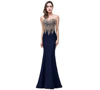 Babyonlinedress Sexy Elegant Robe de soirée Bal Cérémonie Forme Fourreau Longue au Sol sans traîne avec Dentelle Applique en Tulle Satin Marine Foncé 36