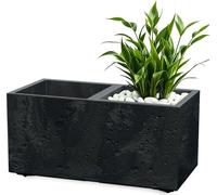 Bac à fleurs en plastique aspect béton 2 compartiments sur roulettes - 77 x 38 cm - Grand bac à fleurs rectangulaire anthracite avec bac à plantes et drainage