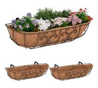 Bac À Fleurs Pour Balcon, Lot De 3, À Suspendre, Fer Et Fibres Noix De Coco, Hlp 21x76x22 Cm, Marron/Nature - Relaxdays
