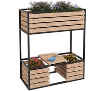 Bac à fleurs surélevé en bois Outsunny, bac à fleurs à 2 niveaux avec étagère, bac à légumes surélevé avec voile intérieur, bac à herbes aromatiques pour jardin, balcon, brun clair, 83 x 39 x 100 cm