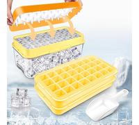 Bac à glaçons avec couvercle et récipient, 64 cubes de glace, facile à presser pour libérer la glace, refroidir les cocktails, le whisky, le café, 2 bols, 1 bac à glaçons et pelle (jaune)