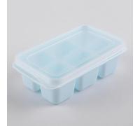 Bac à glaçons compact en silicone à 6 cavités avec couvercle scellé pour boissons à la maison, bar, congélation rapide, libération facile, petit récipient bleu (bleu et blanc)