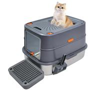 Bac à Litière Chat en Acier Inoxydable, Maison de Toilette Fermée XXL avec Pelle, Repose-Pied Filtrant, Côtés Hauts, sans Odeur pour aux Grands Chats