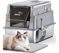 Bac à Litière en Acier Inoxydable, PalNests XXL Litter pour Chat avec Couvercle à 105° et Pelle, Litière en Métal Amovible avec Charbon Actif, 3 en 1 Litiere à Bords Hauts avec Désodorisant