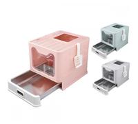 Bac à litière en acier inoxydable pour chat-Bac à litière pliable-Base de type tiroir-Conception hermétique anti-odeurs-Rose