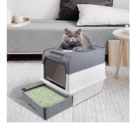 Bac à litière en PP avec couvercle, XJING grand espace, avec 1 tiroir désodorisant et une pelle, facile à nettoyer (49*37*35）