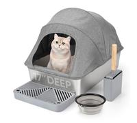 Bac à litière fermé en acier inoxydable pour chat avec couvercle Oxford, 61 cm (L) x 40,6 cm (l) x 43,2 cm (H) - Bac à litière extra large pour grands chats, anti-fuite, contrôle des odeurs avec pelle
