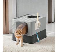 Bac À Litière Fermé Pour Chat, Avec Plateau Amovible, Pelle, Brosse, Large, Gris Anthracite Et Gris Tourterelle