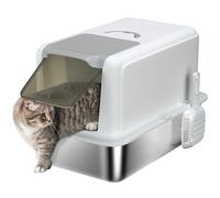 Bac à litière PawHut, bac à litière avec Couvercle, bac en Acier Inoxydable, Filtre à litière intégré, Pelle à litière Incluse, pour Chats jusqu'à 6 kg, Blanc