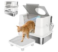 PawHut Bac à Litière XL en Acier Inoxydable, Maison de Toilette pour Grand Chat, avec Couvercle Pivotant 100°, Pédale et Tapis Filtrants Anti-dispersion, 2 Entrées, Pelle, 60,2x40,2x44,5cm, Gris Clair
