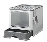 Bac à Litière Pliable pour Chat, Conception à Double Ouverture, Tiroir Amovible, PP+PS, Design Anti-Odeur et Facile à Nettoyer,50 ×37×38 cm, avec Pelle Incluse (Gris Blanc)