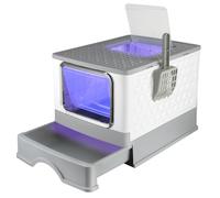 Bac à Litière Pliable pour Chat, Double Entrée, PP Vierge,avec Tiroir et Pelle à Litière,Lampe UV en Option,49×36×35 cm, (Gris+ Lampe UV)