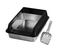 Bac à litière portable pour chat pour appartements et camping - En acier inoxydable durable - Avec côté amovible - Avec pelle et entretien - Hauteur : 16 cm