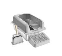 VEVOR Bac à Litière pour Chat Profondeur 152,4 mm Extra Large en Acier Inoxydable avec Pelle, Repose-pied Filtrant, Côtés Hauts, sans Odeur, Facile à Nettoyer, Adapté aux Grands Chats, Gris Clair