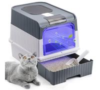 Bac à litière pour chat avec stérilisation UV, grande litière couvercle, contrôle odeurs, fermée pelle tiroir, facile nettoyer, 48 x 35 x 36 cm, gris