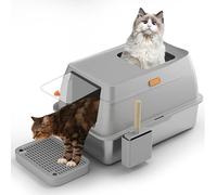 Bac à litière pour chat en acier inoxydable avec couvercle - XXL - Grande surface lisse - Design fermé - Bords hauts - Revêtement anti-adhésif - Anti-fuite - Facile à nettoyer - 60 x 40 x 39 cm