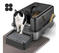 Bac à litière pour Chat en Acier Inoxydable PKBD avec Couvercle, Anti-Fuite, sans Odeur et Facile à Nettoyer, Pelle et Tapis Inclus (Gris)