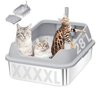 Bac à litière pour chat en acier inoxydable XXXL avec marches extra larges, 69,9 x 50,8 x 33 cm, bacs à litière en métal avec côtés hauts pour grands chats et plusieurs chats, comprend une pelle à