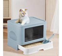 Bac à Litière pour Chat Grand Volume - 48.5 * 36.5 * 38cm Litière pour Chat Pliable en PP avec Care+Boîte de Rangement Bleu