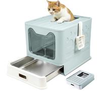 Bac a litiere pour Chat INOX avec Couvercle - Litière Chat Pliable fermée avec tiroir - Anti-Odeur, Anti-Fuite, Facile à Nettoyer - Double entrée/Sortie - avec Pelle (38,3×51×41 cm) - Bleu