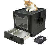 Bac a litiere pour Chat INOX avec Couvercle - Litière Chat Pliable fermée avec tiroir - Anti-Odeur, Anti-Fuite, Facile à Nettoyer - Double entrée/Sortie - avec Pelle (38,3×51×41 cm) - Noir