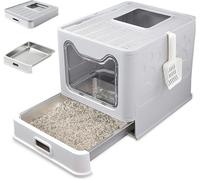Bac a litiere pour Chat INOX avec Couvercle - Litière Chat Pliable fermée avec tiroir - Anti-Odeur, Anti-Fuite, Facile à Nettoyer - Double entrée/Sortie - avec Pelle (38,3×51×41 cm) - Gris