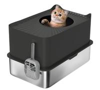 Pawhut Bac à litière chat XXL – Acier inoxydable, 65L, pelle, patins antidérapants, 60x40x38 cm, noir