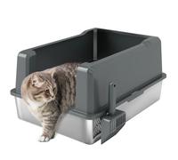 Pawhut Bac à litière pour chat XXL 85 L en acier inoxydable semi-fermée avec pelle Gris