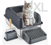 VEVOR Bac à Litière pour Chat Profondeur 152,4 mm Extra Large en Acier Inoxydable avec Pelle, Repose-pied Filtrant, Côtés Hauts, sans Odeur, Facile à Nettoyer, Adapté aux Grands Chats, Gris Foncé