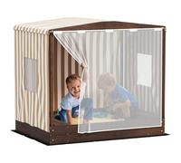 Bac à Sable AIYAPLAY avec auvent et Porte en Filet, 142 x 101,5 cm Bac à Sable en Bois avec Banc, Espace de Rangement, Protection du Sol, pour 4 Enfants 3-6 Ans Marron