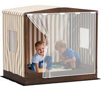Bac à sable AIYAPLAY avec auvent et porte en filet, 142 x 101,5 cm Bac à sable en bois avec banc, espace de rangement, protection du sol, pour 4 enfants 3-6 ans Marron
